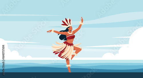 Exotic Polynesian Dancer Performing Traditional Ritual Under Tropical Blue Sky