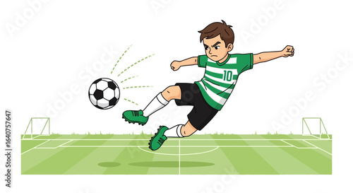 Dynamic cartoon illustration of a young soccer player kicking the ball aggressively on the field