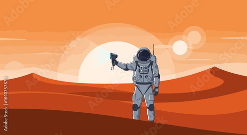 Exploration And Discovery On The Martian Surface In An Astronaut Illustration