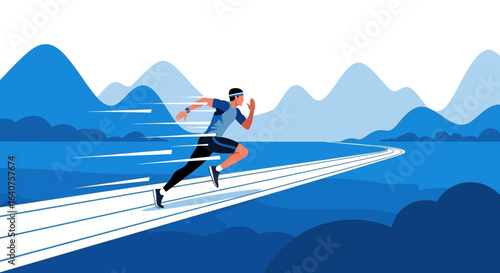 Dynamic Marathon Runner Sprinting Towards Success Through Mountain Landscape Illustration