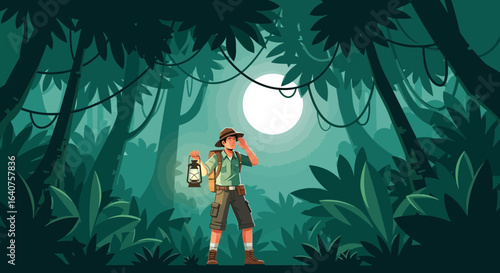 Explorer With a Lantern Walking Through a Dense Jungle Landscape Illustration
