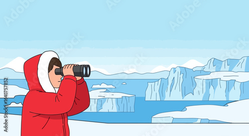 Exploring Arctic Landscapes Man With Binoculars In Winter Expedition Scene