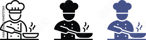 Chef cooking delicious food in pan with steam rising