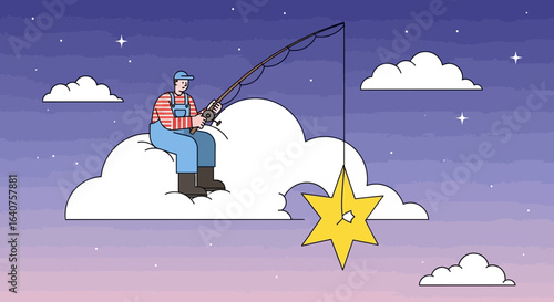Dreamy fishing adventure concept with a man catching stars from a cloud in the night sky illustration