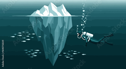 Exploring the underwater world: diver investigates an iceberg and its marine life near the iceberg