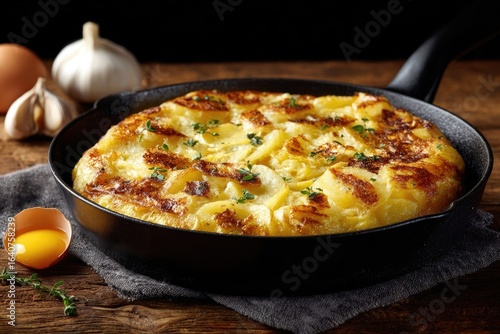 Wallpaper Mural Golden, crispy, potato and egg dish in a cast iron pan.  Fresh herbs Torontodigital.ca