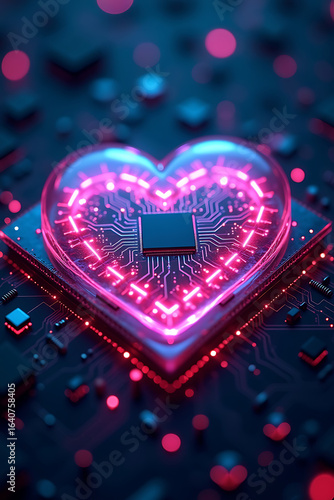A glowing heart-shaped circuit board with a central chip, set against a dark, bokeh-filled background.