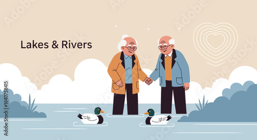 Elderly couple holding hands by the river, enjoying nature and wildlife in retirement together