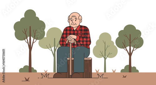 Elderly Man Sits in Nature Reflecting on Past Memories in Serene Outdoor Setting