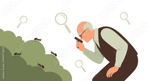 Elderly Man Investigating Ants on Green Mound with Magnifying Glass