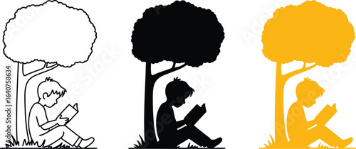 Child reading book under tree, enjoying story and knowledge