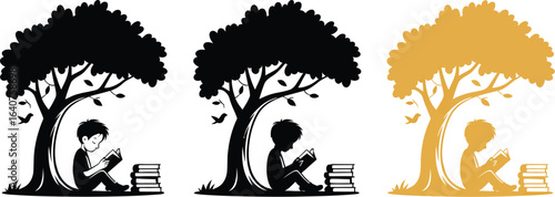 Child finds knowledge reading under tree light, calm learning