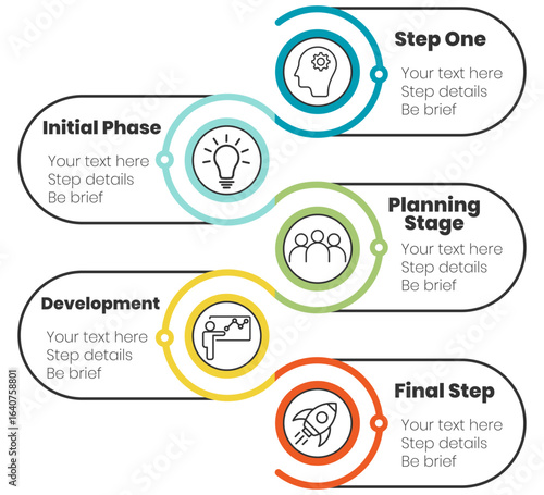 Colorful step-by-step business process infographic with 5 phases, perfect for project management or presentations. 5 step business infographic timeline. Project planning infographic with icons.