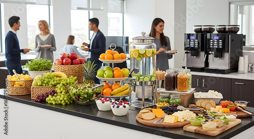 A vibrant and inviting office breakroom scene featuring a beautifully arranged buffet of fresh fruits, healthy snacks, and refreshing beverages, designed to foster a positive work environment and