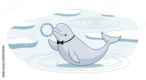 Elegant Beluga Whale Performing With Ring In Arctic Cartoon Scene