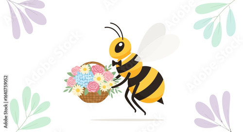 Elegant Bee Delivers Flowers In Wicker Basket With Pastel Floral Frame
