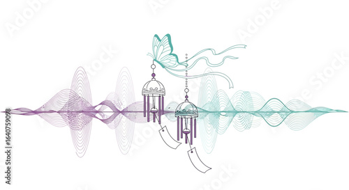 Elegant Butterfly and Wind Chime Design with Calming Waves and Serene Aesthetic
