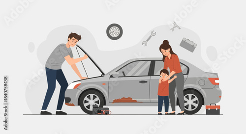 Family road trip trouble: A father tries to fix a broken car on the roadside