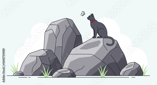 Elegant feline guardian amidst rocky outcrop observing nature's dance artful vector