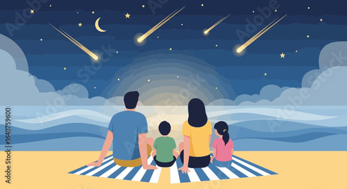 Family Together Watching Meteor Showers On Coastal Beach Under Night Sky