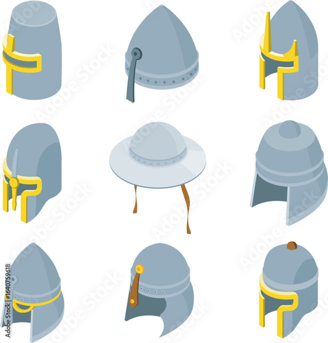 Medieval Helmet Isometric Icons – Knight Armor, Battle Helmets, and Historical Headgear