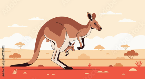 Elegant Kangaroo Mother With Her Joey Hopping Across The Australian Outback