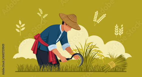 Farmer Harvesting Rice In a Traditional Way On An Isolated Background