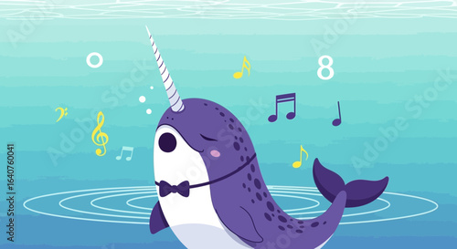 Elegant Narwhal Performing Underwater Musical Show For Children's Book