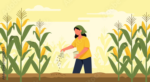 Farmer sowing corn seeds in the field with a serene and cultivated landscape illustration