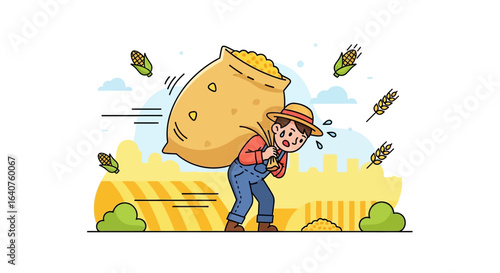 Farmer Struggling To Carry A Heavy Sack Of Harvest On Farm Field