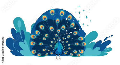 Elegant Peacock With Expanded Feathers Surrounded By Decorative Foliage Graphic