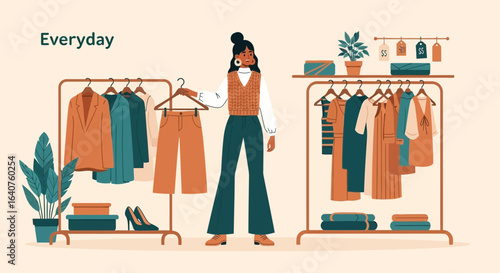 Fashionable Woman Shopping for Clothes in Boutique with Stylish Outfits