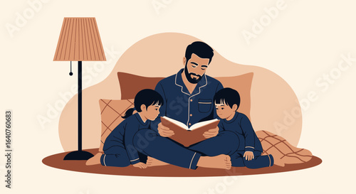 Father Reading Bedtime Story To Children In Cozy Bedroom Illustration