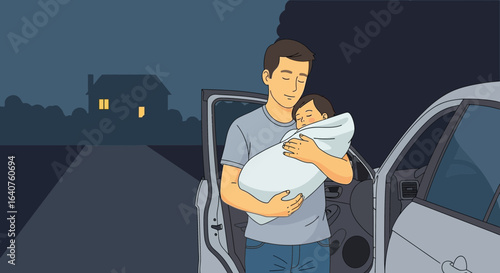 Father carrying sleeping baby from car arriving home late at night concept