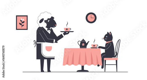 Elegant Sheep Waiter Serving Tea to a Cat in a Cozy Minimalist Setting