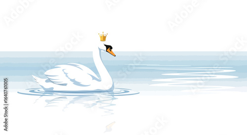 Elegant swan with golden crown swimming peacefully on calm water surface beauty