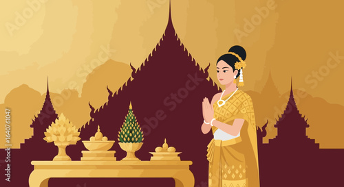 Elegant Thai woman in traditional dress paying respect in temple setting illustration