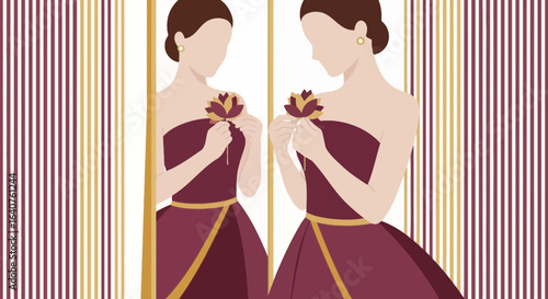 Elegant Woman Admiring Reflection Holding Flower In Stylish Room Backdrop