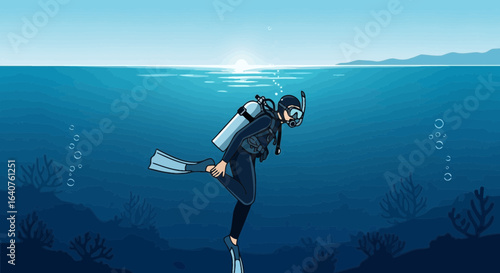 Female Scuba Diver Exploring the Depths of the Ocean with Sun Reflections