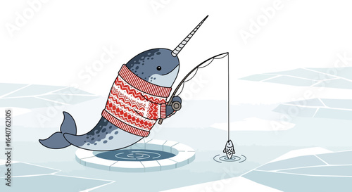 Festive Narwhal Fishing in Winter Ice: A charming illustration of a sweater-clad narwhal enjoying a fishing trip in the Arctic
