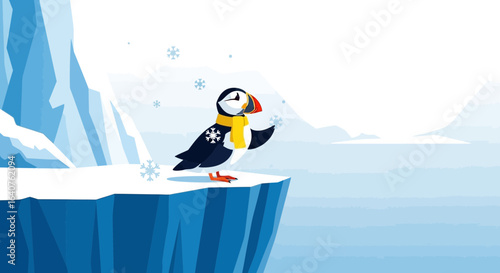 Festive Puffin Enjoying Winter Wonderland Landscape at the North Pole