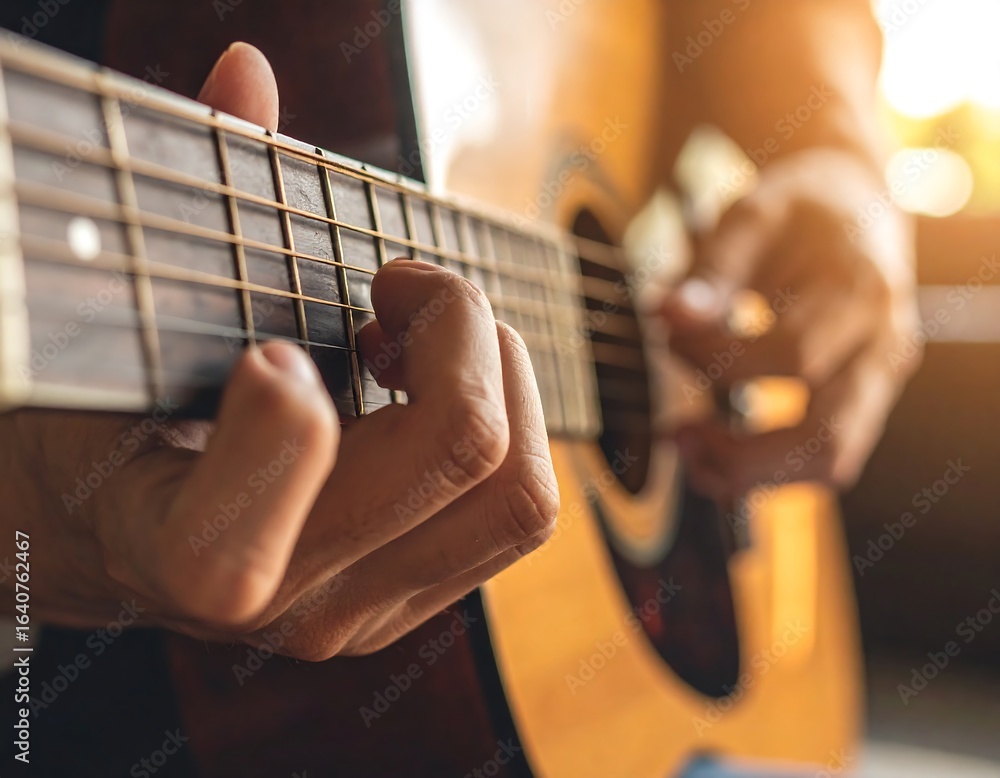 Fototapeta premium Close-up of hands playing an acoustic guitar (1)