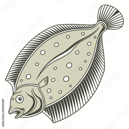 Artistic depiction of a flatfish with distinct spots and detailed fins.