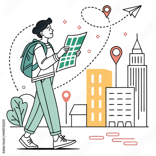 Cartoon illustration of traveler exploring the city with a map and backpack