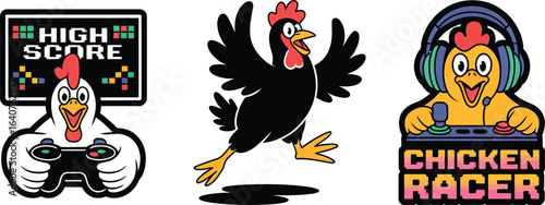 Fun chickens play video games and race cars with retro style