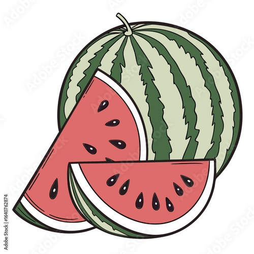Delicious looking watermelon with two slices, ready to enjoy on a summer day