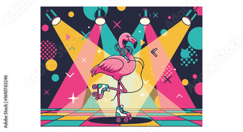 Flamingo Dancer On Roller Skates Under Disco Lights And Wearing Headphones