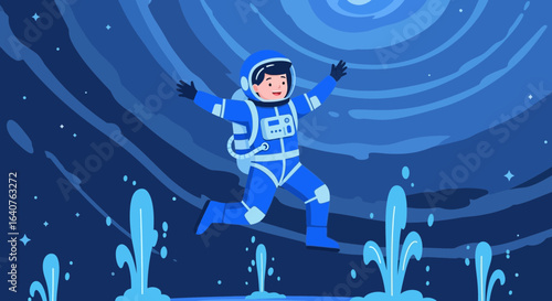Energetic astronaut leaps across an uncharted cosmic water landscape with glee and wonder