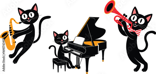 Joyful black cats play jazz music with piano and saxophone