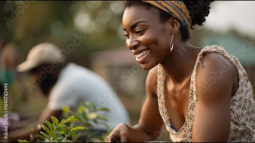 Smiling volunteer plants trees in community garden during sunny afternoon